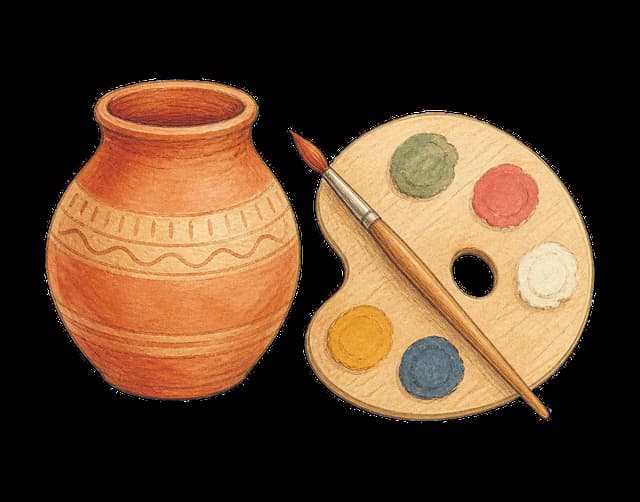 A hand-drawn clay pot and painter's palette