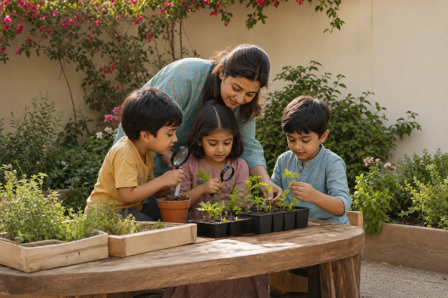 Children discovering plants with an educator in a garden